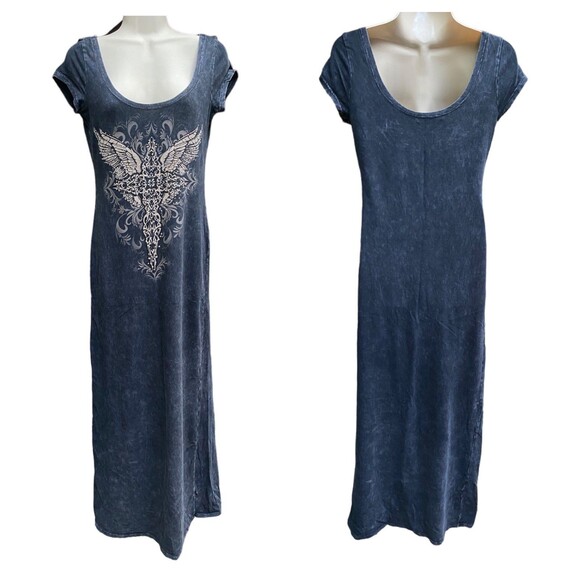 Vtg Y2K BUS STOP LA Angel Wings Cross Maxi Dress Grunge Mineral Wash M - Picture 1 of 12